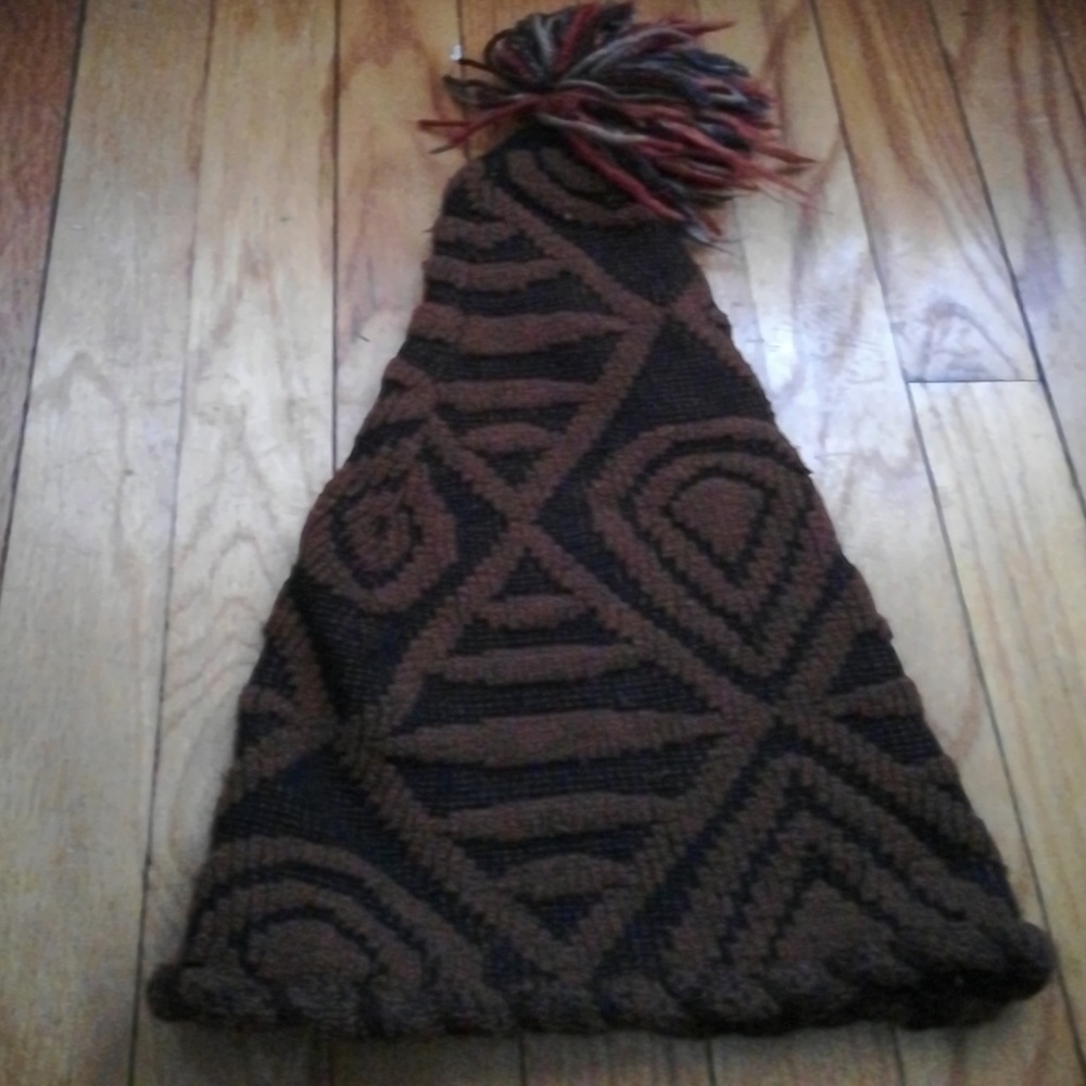 Recycled sweater patterened cone hat with pom.